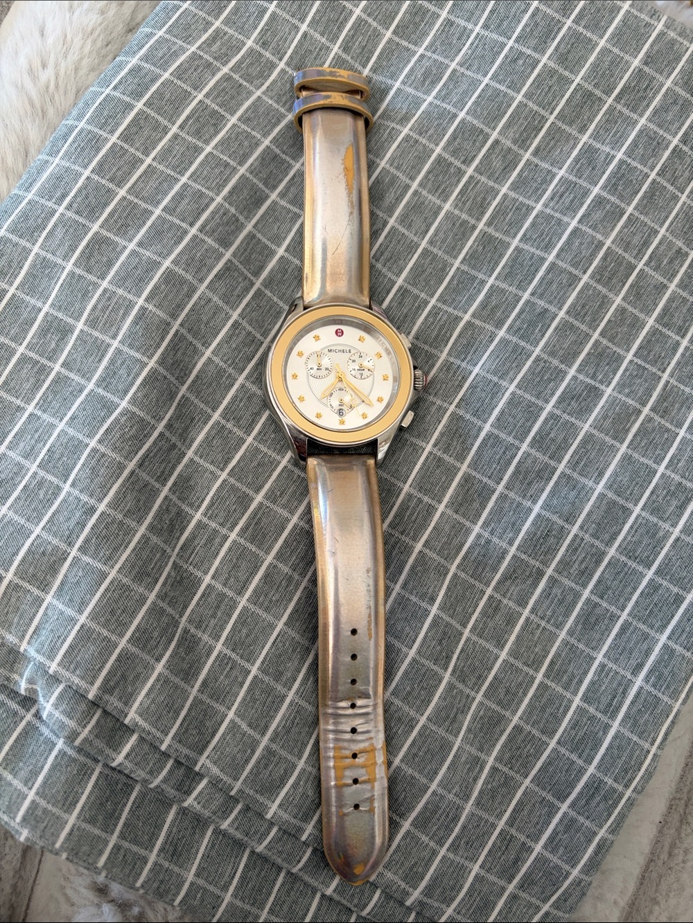 Michele Two-Tone Metallic Leather Strap Cape Watch in Gold and Silver